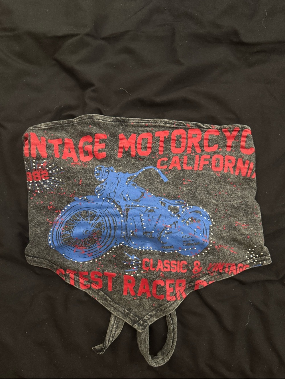 Vintage Motorcycle Graphic Crop Top - Black with Blue & Red Print